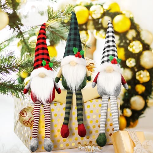 Teeker 3Pcs Christmas Gnomes Decorations – Xmas Swedish Tomte Set, Buffalo Plaid