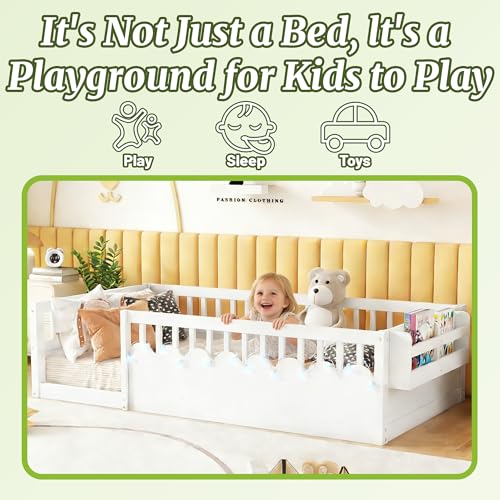 Full Size Montessori Floor Bed with High Rails, LED Lights & Storage Shelf
