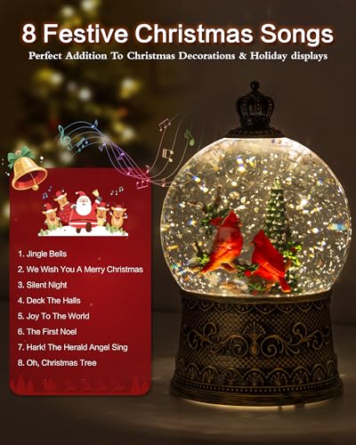Musical Cardinal Snow Globe Lantern with 8 Songs, 6.99-inch Christmas Decor