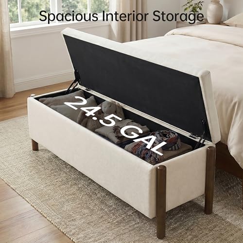 47-Inch Upholstered Storage Ottoman Bench, Beige Fabric Bedroom Entryway Bench