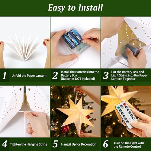 Lewondr 7-Pointed Star Christmas Paper Lantern 3 Pack with C-Warm Light