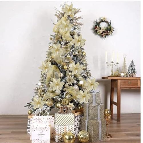 Bodosac 24Pcs Glitter Poinsettia Christmas Flowers with Clips 5in - Gold