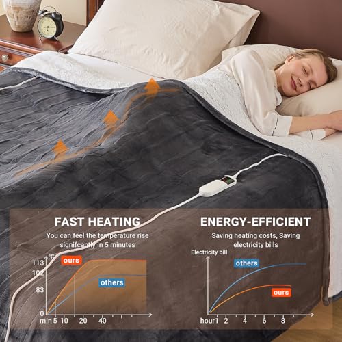 Queen Size Electric Heated Blanket - Soft Flannel & Sherpa, 10 Heat Levels, Auto Shut-Off