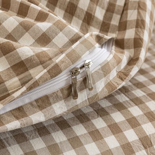 Tan Gingham Duvet Cover Set Queen - 100% Washed Cotton Brown Plaid