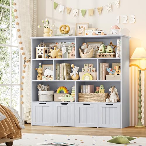 Kids Toy Storage Organizer with Movable Drawers and Bookshelf, Gray
