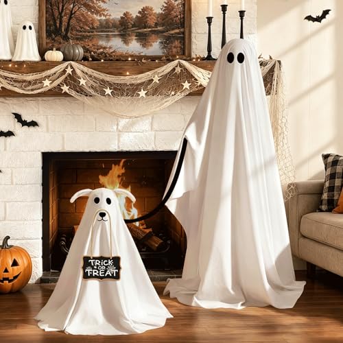 Lighted Ghost Walking Dog Halloween Yard Decor Set with Remote Control