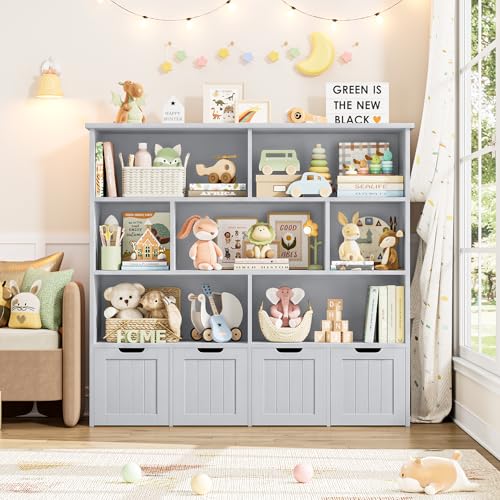 Kids Toy Storage Organizer with Movable Drawers and Bookshelf, Gray