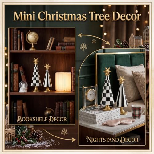 Chumia 2 Sets Christmas Tree Figurines with Stars, Black & White Decor, Size Variations Included