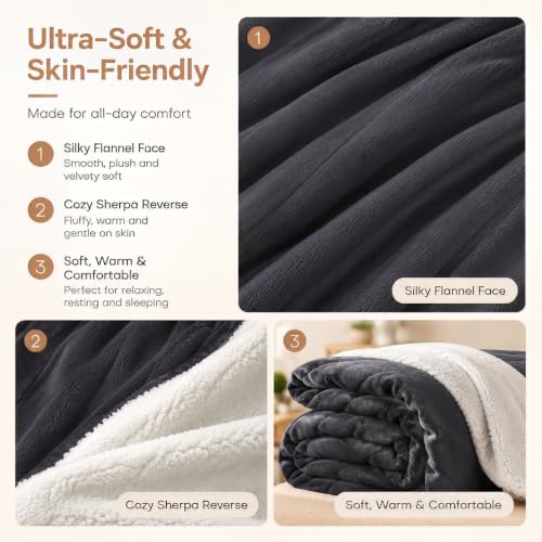 Electric Heated Blanket - Flannel & Sherpa, 72x84 in, 9 Heat Settings