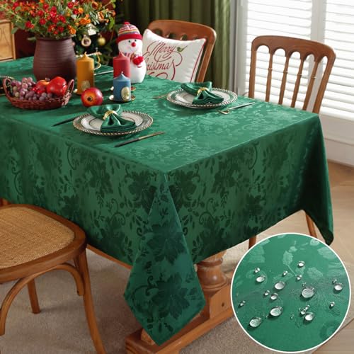 SASTYBALE Green 60x84 Inch Poinsettia Jacquard Christmas Tablecloth, Heavy Duty Wipeable