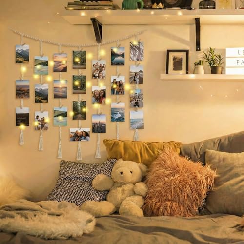 Macrame Hanging Photo Display with String Lights and Wooden Beads