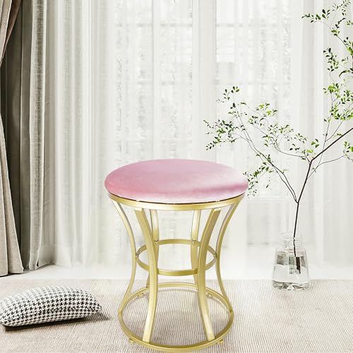 Round Velvet Vanity Stool with Gold Metal Legs - Compact Makeup Chair