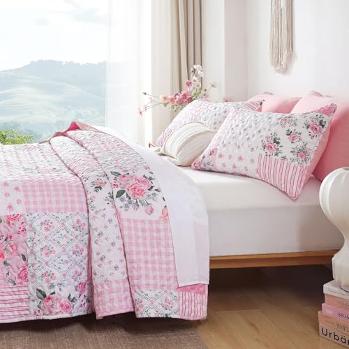 YIKUSH Pink Floral Quilt Set Queen Size - 3 Piece Lightweight Bedspread