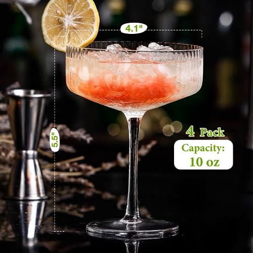 4-Piece Ribbed Coupe Glass Set, 10 oz Vintage Crystal Cocktail Glassware
