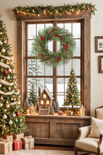 Oairse Norfolk Pine Wreath with Pinecones, Berries & Cedar - 23 Inch Indoor/Outdoor Xmas Door Decor
