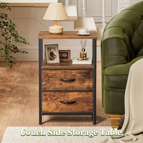 2-Drawer Nightstand Set with Open Shelf and Steel Frame, Rustic Brown