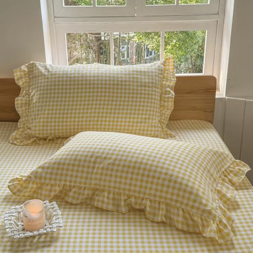 Ruffled Gingham Pillow Shams 20x26, Set of 2 Farmhouse Plaid Pillow Covers