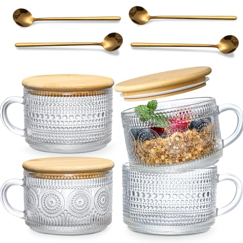 LANDNEOO 4-Pack Vintage Glass Coffee Mugs with Bamboo Lids & Spoons, 14oz