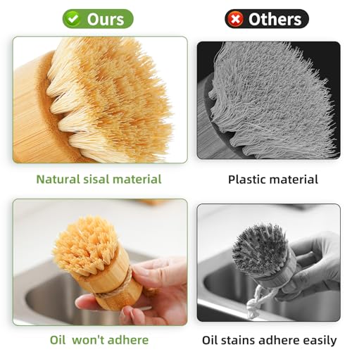Bamboo Dish Scrub Brush Set with Ceramic Holder & Sisal Bristles - 3 Pack