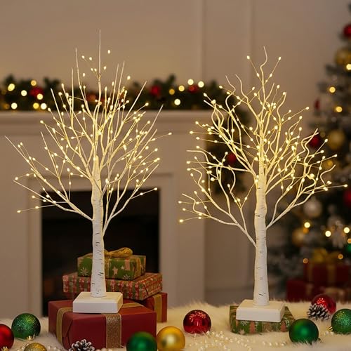 2 Pack BHGNEJN Small Lighted Artificial Birch Trees with Timer, 144 LEDs, 2ft Warm White Tabletop Decor for Bedroom & Holidays