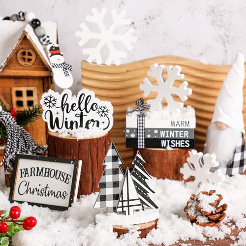 Yinder 11-Piece Winter Tiered Tray Decor Set, Wooden Farmhouse Table Signs