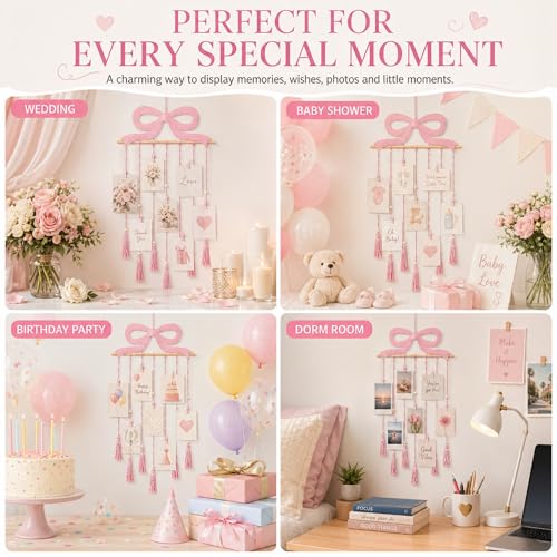 Pink Bow Wall Photo Display, Macrame Picture Holder with 30 Clips