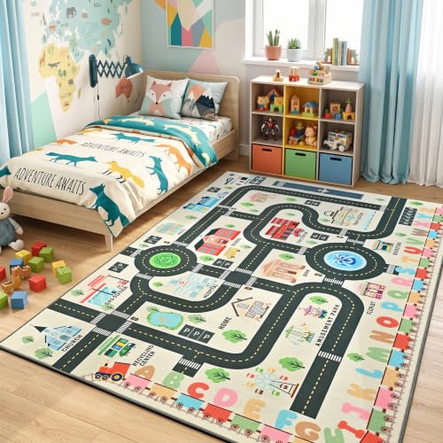 4'x6' Kids Road Play Rug - Washable Non-Slip City Town Traffic Playmat