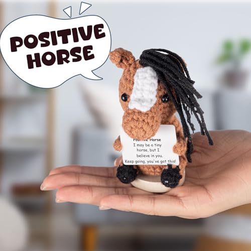 Handmade Crochet Horse Gift with Encouragement Card, Positive Knitted Toy