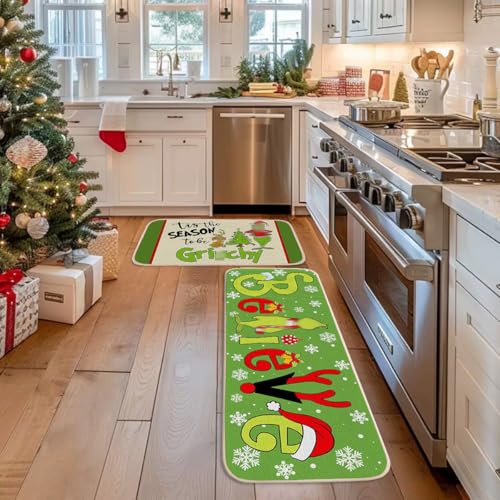 2-Piece Christmas Kitchen Rug Set, Non-Slip Washable Holiday Floor Mats