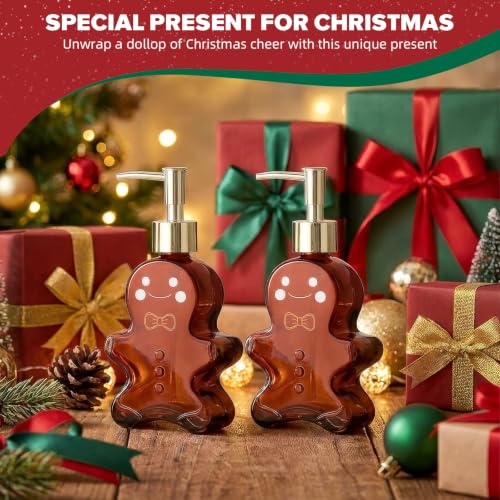 VIMERPA 2-Pack Gingerbread Man Soap Dispensers with Amber Glass, 10 fl oz, Gold Pump
