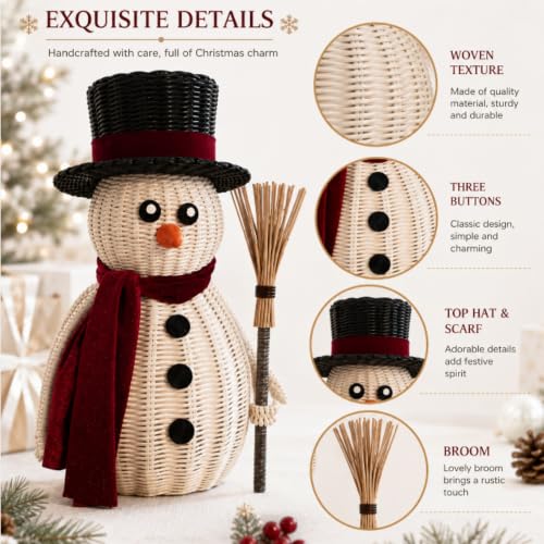 Leinuosen 12 Inch Rattan Snowman Woven Neutral Christmas Table Decor