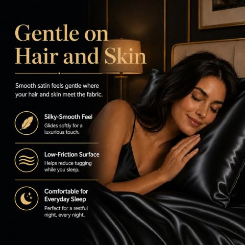 CozyLux Queen Satin Sheet Set - 4-Piece 14" Deep Pocket Silky Bed Sheets (Black)