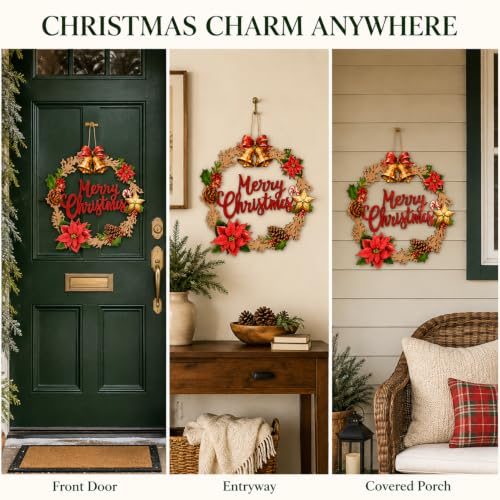 SWEKKE Style7 Christmas Wooden Door Sign - Hanging Wreath Decor with Bells, Poinsettia & Pine Cone