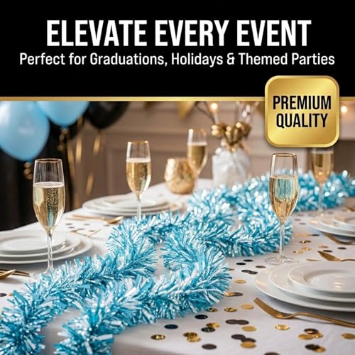 Light Blue & White Metallic Tinsel Twist Garland - 25ft Holiday Decor