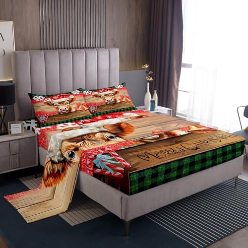 Manfei Christmas Cattle Queen Bedding Set with Flat Sheet & Pillowcases, 60x80 Deep Pocket Fitted, Brown-Red-Green