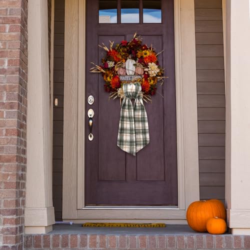 Green & White Buffalo Plaid Christmas Wreath Sash for Front Door Decor