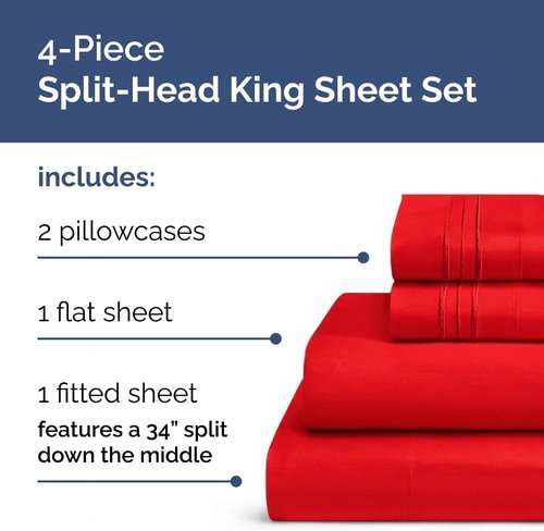 Flex Top Split Head King Sheet Set - Comfy Cooling Bed Sheets | Ultra-Soft Luxury Bedding - Deep Pockets, Red