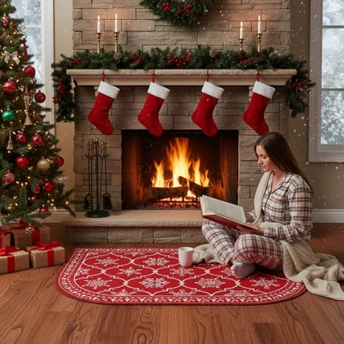 Demissle Christmas Fireplace Mat Snowflake 24 x 36 in Fireproof Hearth Rug