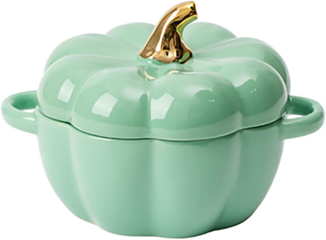 Skiennix Pumpkin Bowl Set - 14 Oz Ceramic Ramekins with Lid & Handle | Oven Safe Stoneware in Green