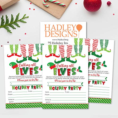 Hadley Designs 25 Party Invitations Premium Holiday Christmas Elves - Printable & Blank Fill-In Cards