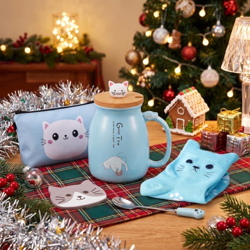 Uiifan Blue Ceramic Cat Mug with Lid & Paw Spoon - Gift Set for Women & Mom