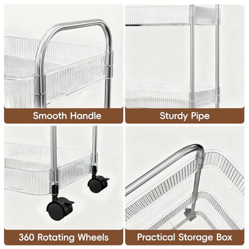 3-Tier Clear Acrylic Rolling Utility Cart with Lockable Wheels & Handle