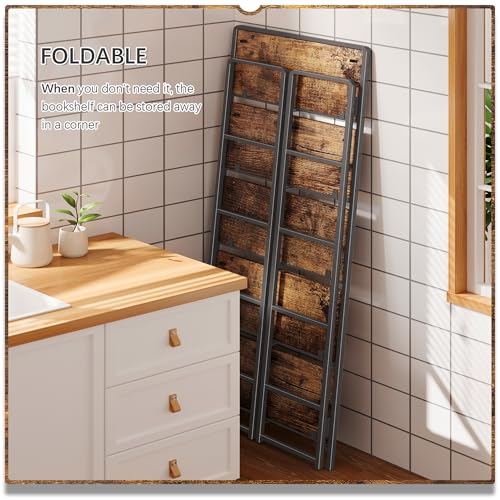 5-Tier Folding Bookshelf, Industrial Metal and Wood Storage Rack
