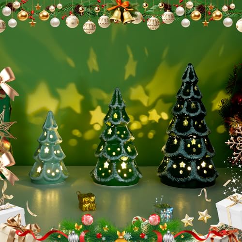 Luxstyra Green Ceramic Christmas Tree with Lights & Timer - Set of 3