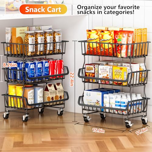 3-Tier Rolling Pantry Organizer Cart with Stackable Wire Fruit Baskets