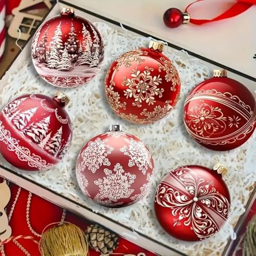 Mkwntg 12Pcs Christmas Wooden Ornaments Set - Red Gift Ball Snowflake Santa Decorations for Holiday Tree & Party
