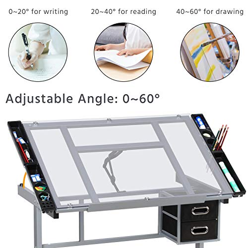 Adjustable Glass Drafting Table with Storage Drawers and Side Trays