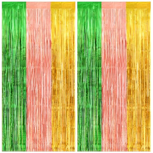 Tropical Luau Foil Fringe Backdrop Curtains - 2 Pack 3.3 x 7 ft (Green/Yellow)