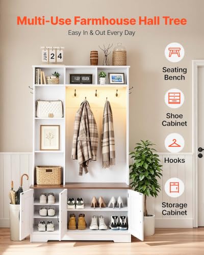 39-Inch Hall Tree with Bench and Shoe Storage, Entryway Coat Rack with LED Light