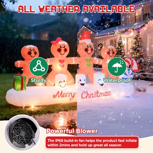 PopInflate 10 ft Gingerbread Christmas Inflatable with 4 Hands in Hand (Variation: Gingerbread) – Built-in 10 LED Lights